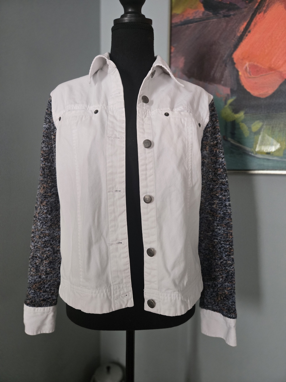 Women's White Denim Jacket with Marled Handknit Sleeves